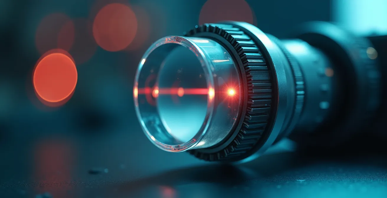 Détail macro d'une optique laser haute précision montrant les composants techniques