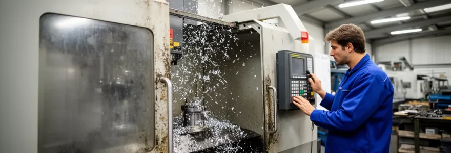 Centre d'usinage CNC en fonctionnement avec projection de copeaux aluminium