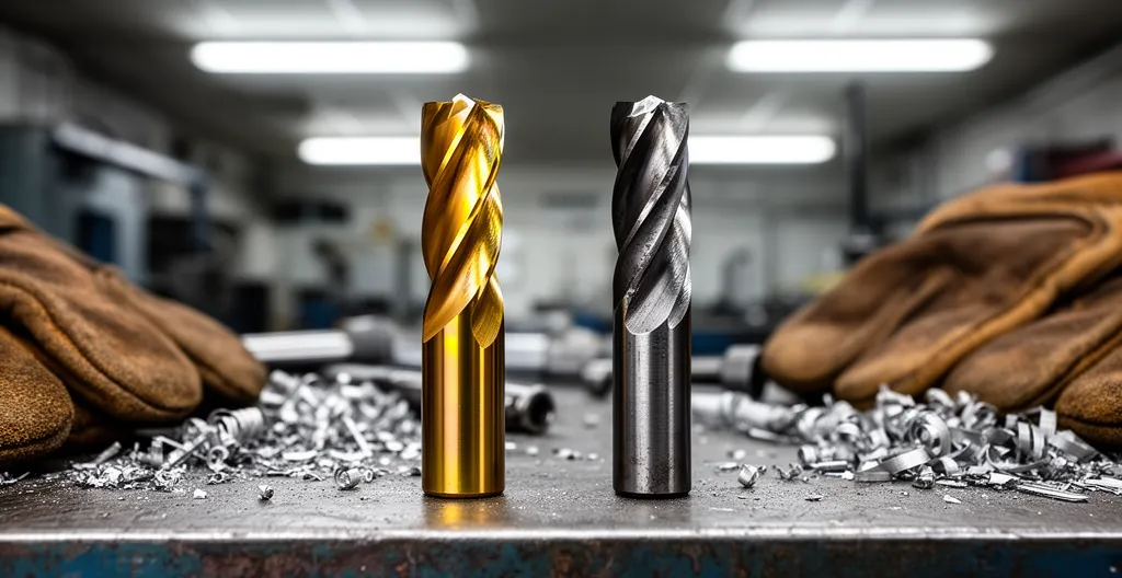 Fraise carbure revêtue TiAlN dorée et fraise HSS usée posées sur établi métallique