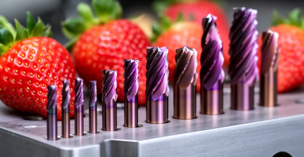 Fraises carbure micro-grain de différents diamètres alignées sur un support métallique en atelier