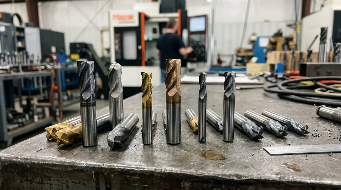 Plusieurs fraises carbure avec différentes géométries et nombres de dents disposées sur établi