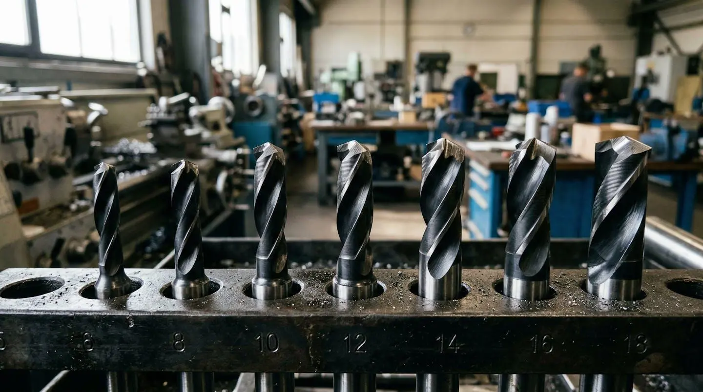 Rangée de fraises carbure neuves dans un support de rangement professionnel avec arêtes de coupe visibles