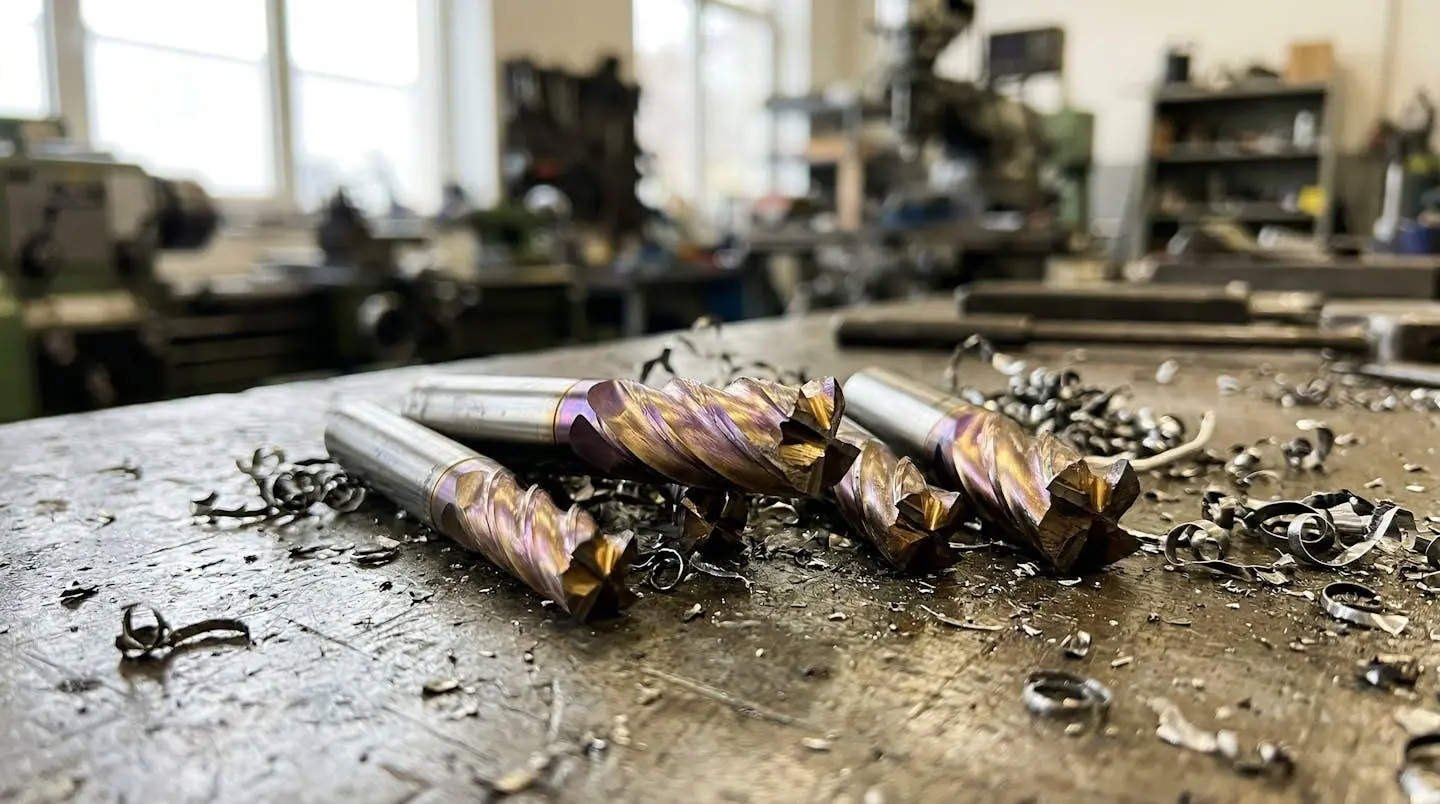 Fraises carbure avec revêtement TiAlN doré-violet sur établi métallique d'atelier