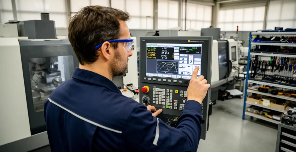 Opérateur surveillant les paramètres d'usinage sur l'écran de contrôle d'un centre CNC