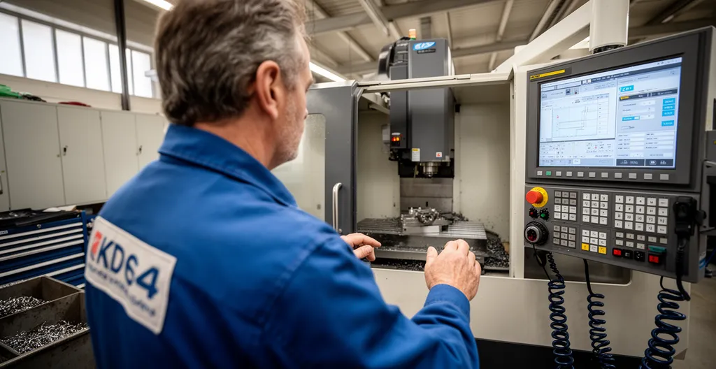 Technicien consultant paramètres de coupe devant centre d'usinage CNC