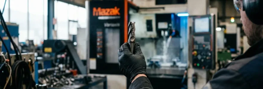 Main gantée d'un opérateur tenant une fraise carbure à hauteur des yeux pour inspecter l'arête de coupe dans un atelier d'usinage