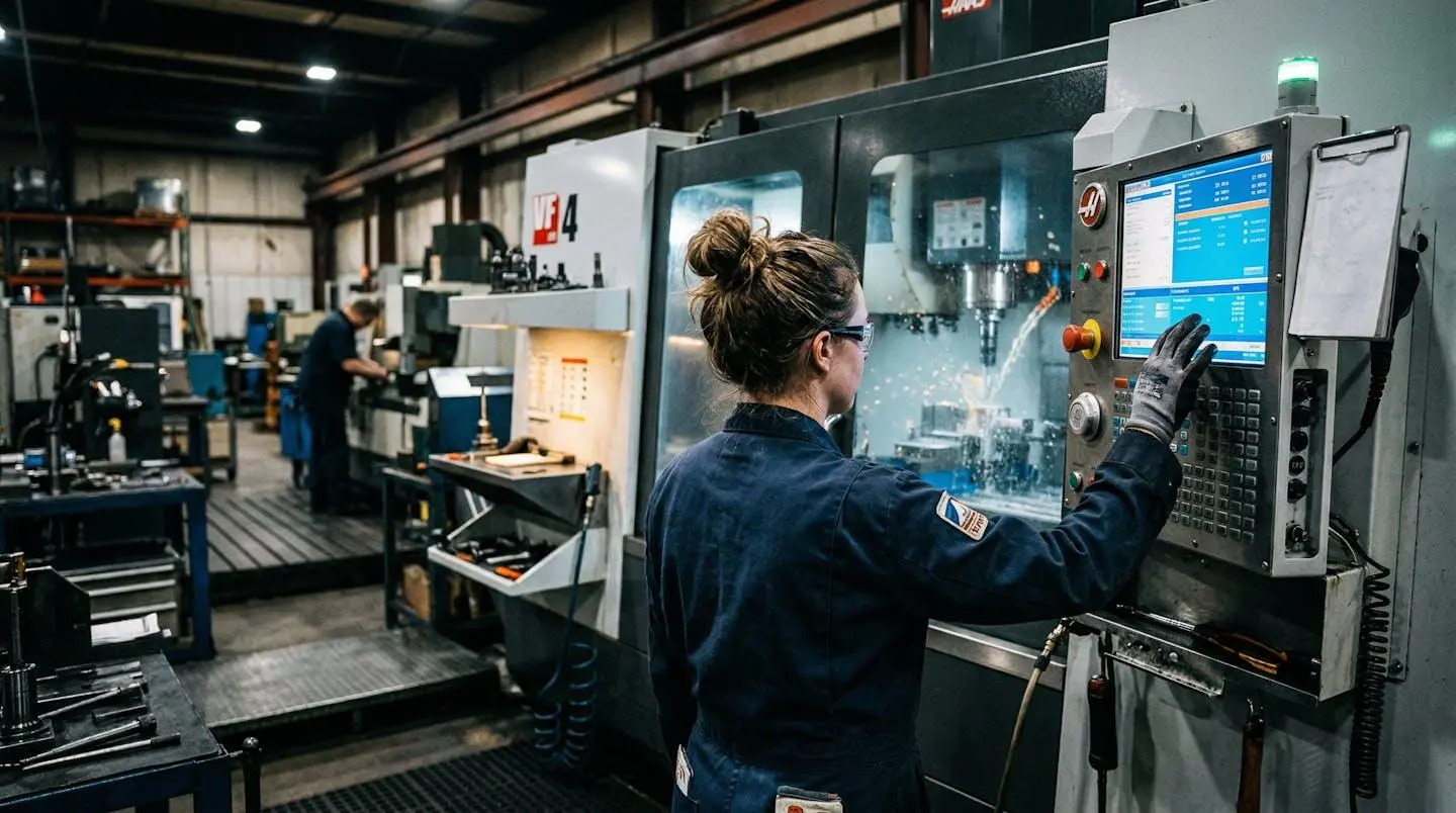 Opérateur vu de dos devant un écran de commande numérique réglant des paramètres avec un centre d'usinage visible en arrière-plan