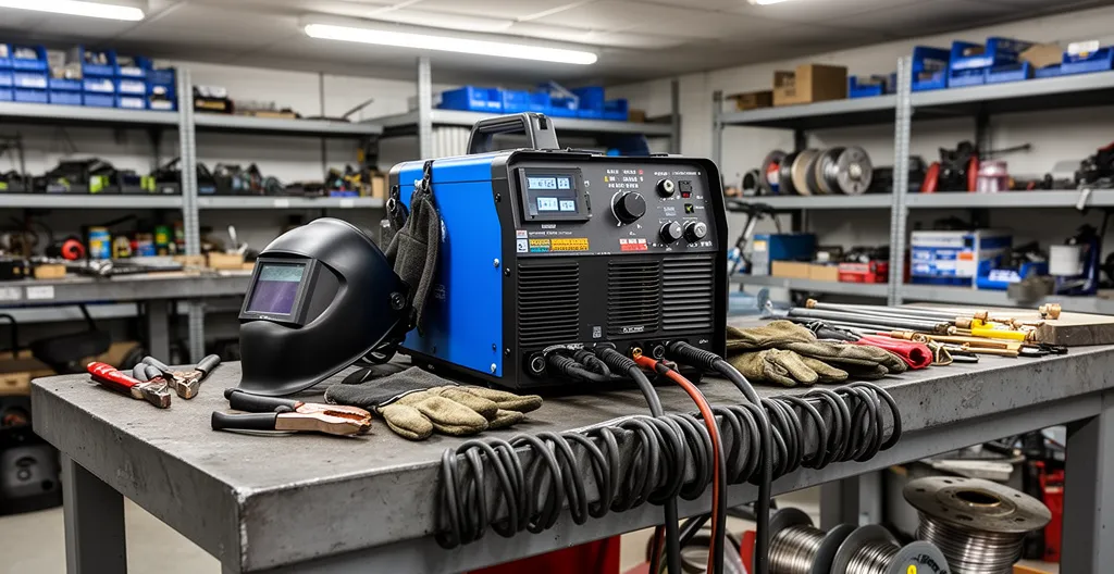 Poste à souder professionnel IGBT installé sur établi d'atelier avec câbles organisés