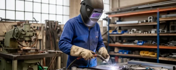 Soudeur professionnel européen inspectant une soudure dans son atelier de métallerie