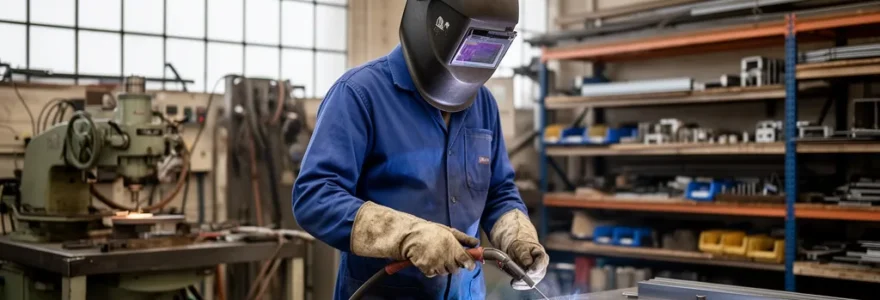 Soudeur professionnel européen inspectant une soudure dans son atelier de métallerie