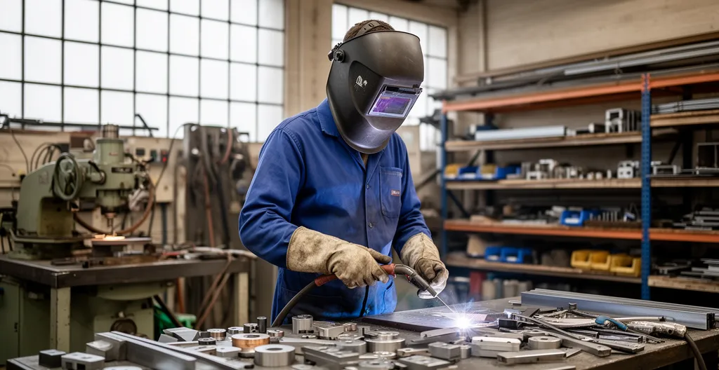 Soudeur professionnel européen inspectant une soudure dans son atelier de métallerie