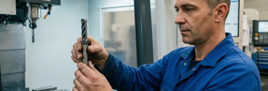 Technicien examinant une fraise carbure micro-grain devant un centre d'usinage CNC en atelier industriel