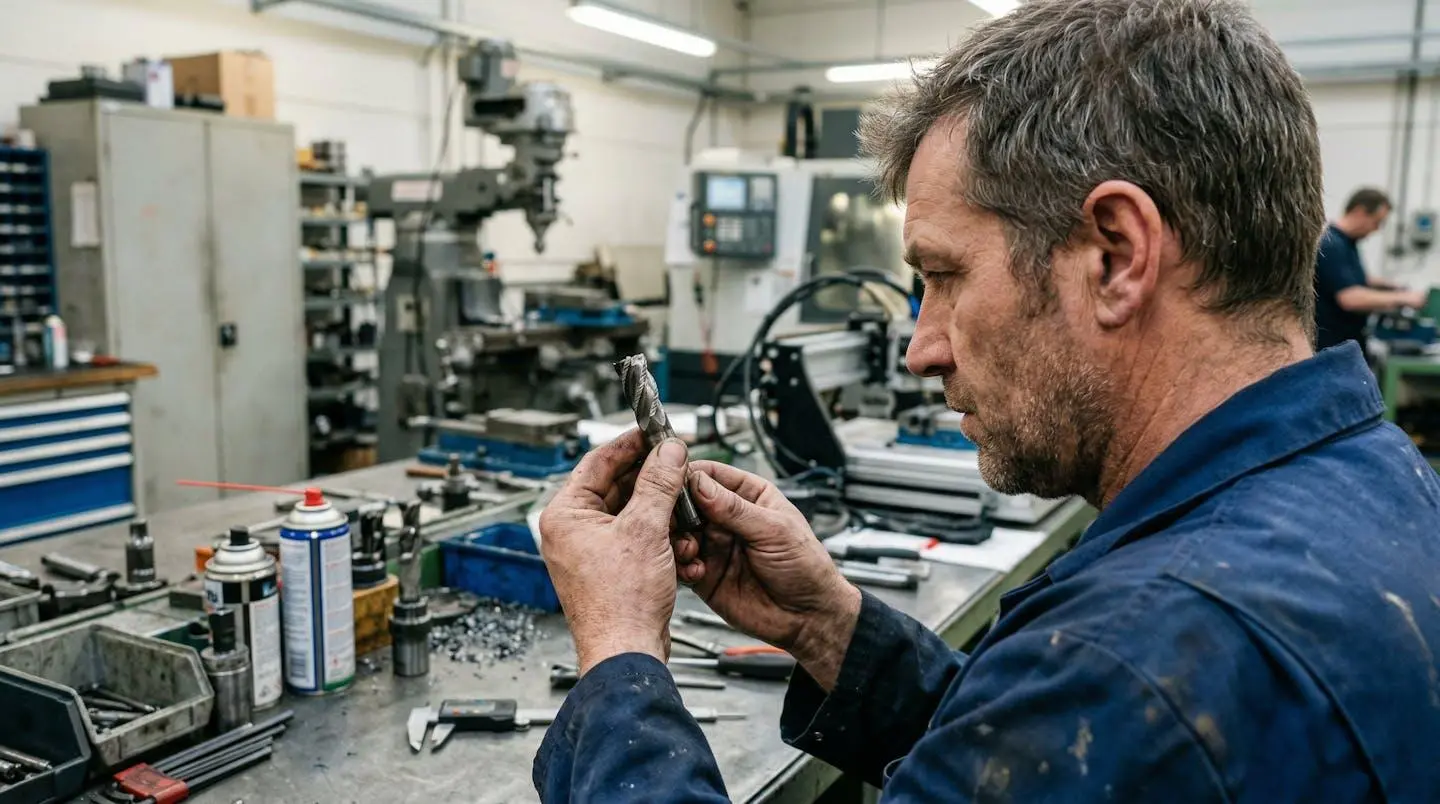 Technicien usineur inspectant une fraise carbure usée sur établi d'atelier industriel