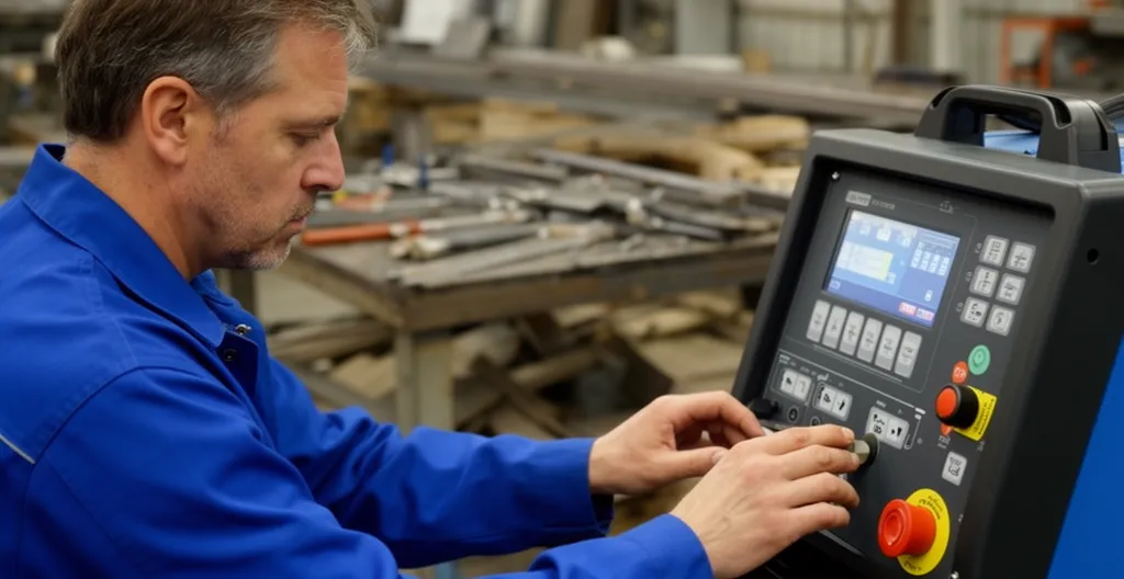 Technicien européen réglant les paramètres d'un poste à souder professionnel