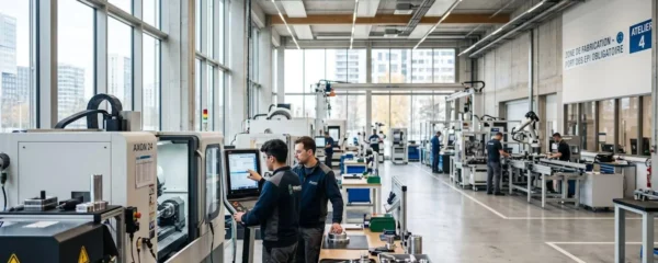 Atelier industriel français contemporain avec sol dégagé et larges baies vitrées laissant entrer une lumière naturelle abondante