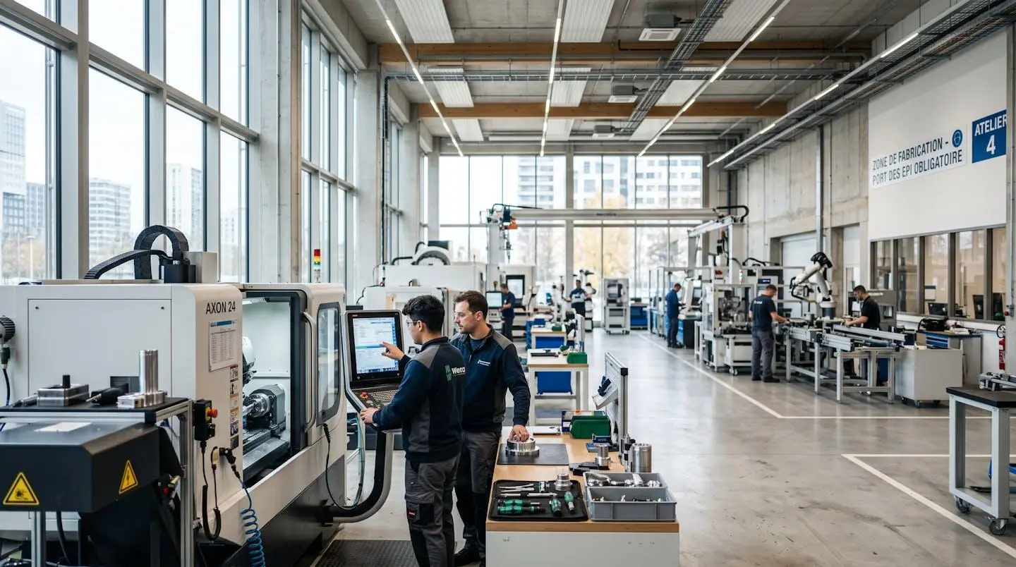 Atelier industriel français contemporain avec sol dégagé et larges baies vitrées laissant entrer une lumière naturelle abondante
