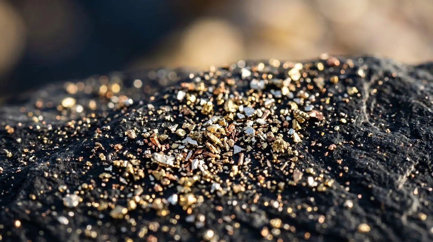 Photographie macro de particules de poussières métalliques en suspension sur une surface sombre avec un éclairage latéral créant un contraste marqué