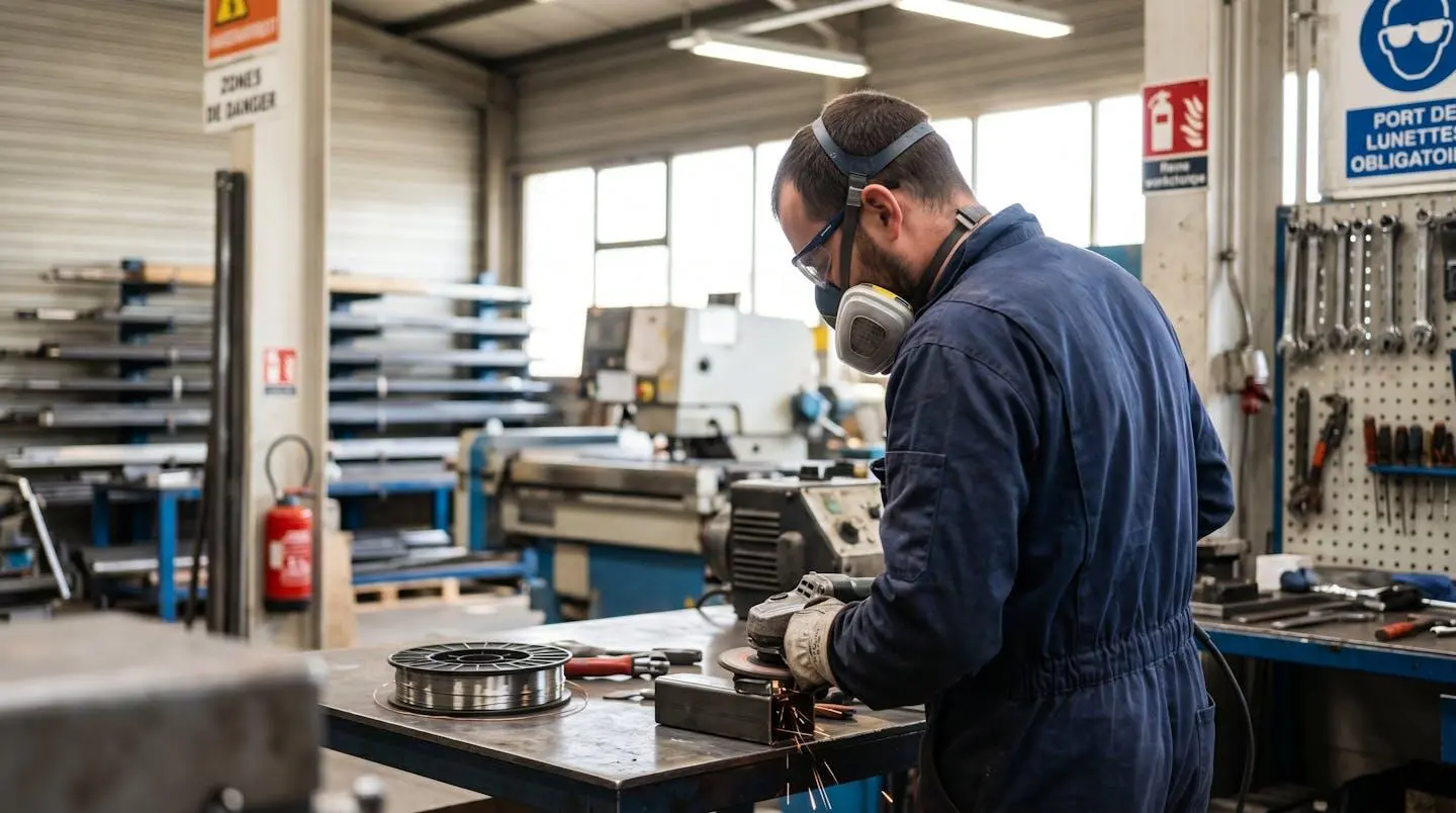 Opérateur en bleu de travail portant un masque respiratoire et des lunettes de protection lors d'une opération de soudage, photographié de profil
