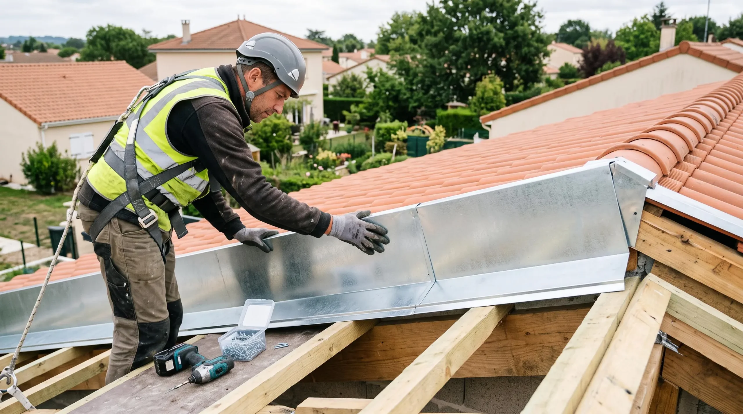Un couvreur installe une tôle pliée galvanisée en bordure de toiture sur une maison en construction.