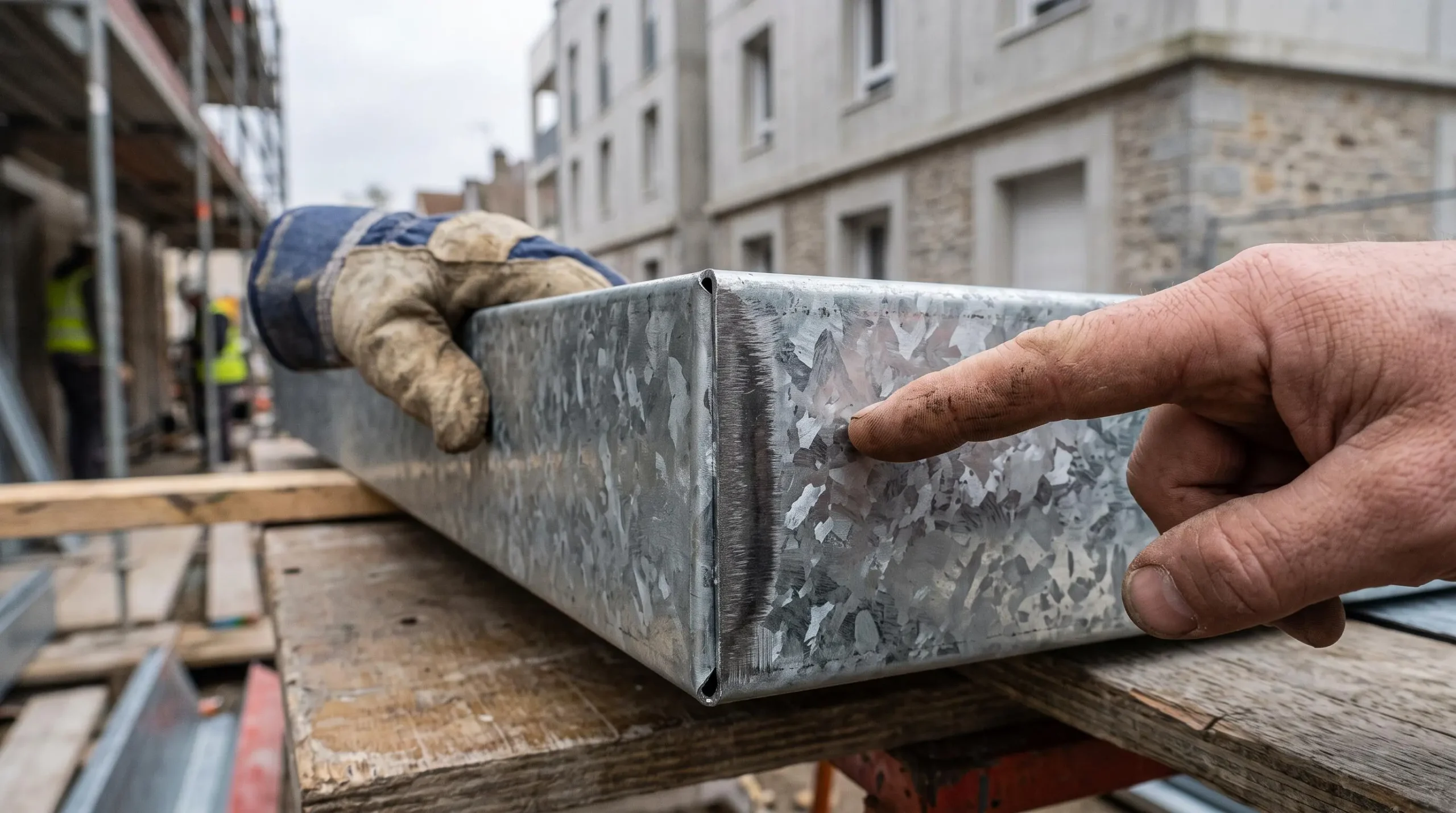 Gros plan sur le bord coupé d'une tôle d'acier galvanisée dont la couche de zinc est observée de près sur un chantier.