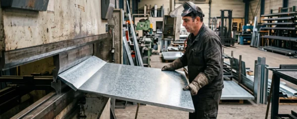 Un tôlier guide une tôle d'acier galvanisée pliée sortant d'une presse plieuse dans un atelier de métallerie.