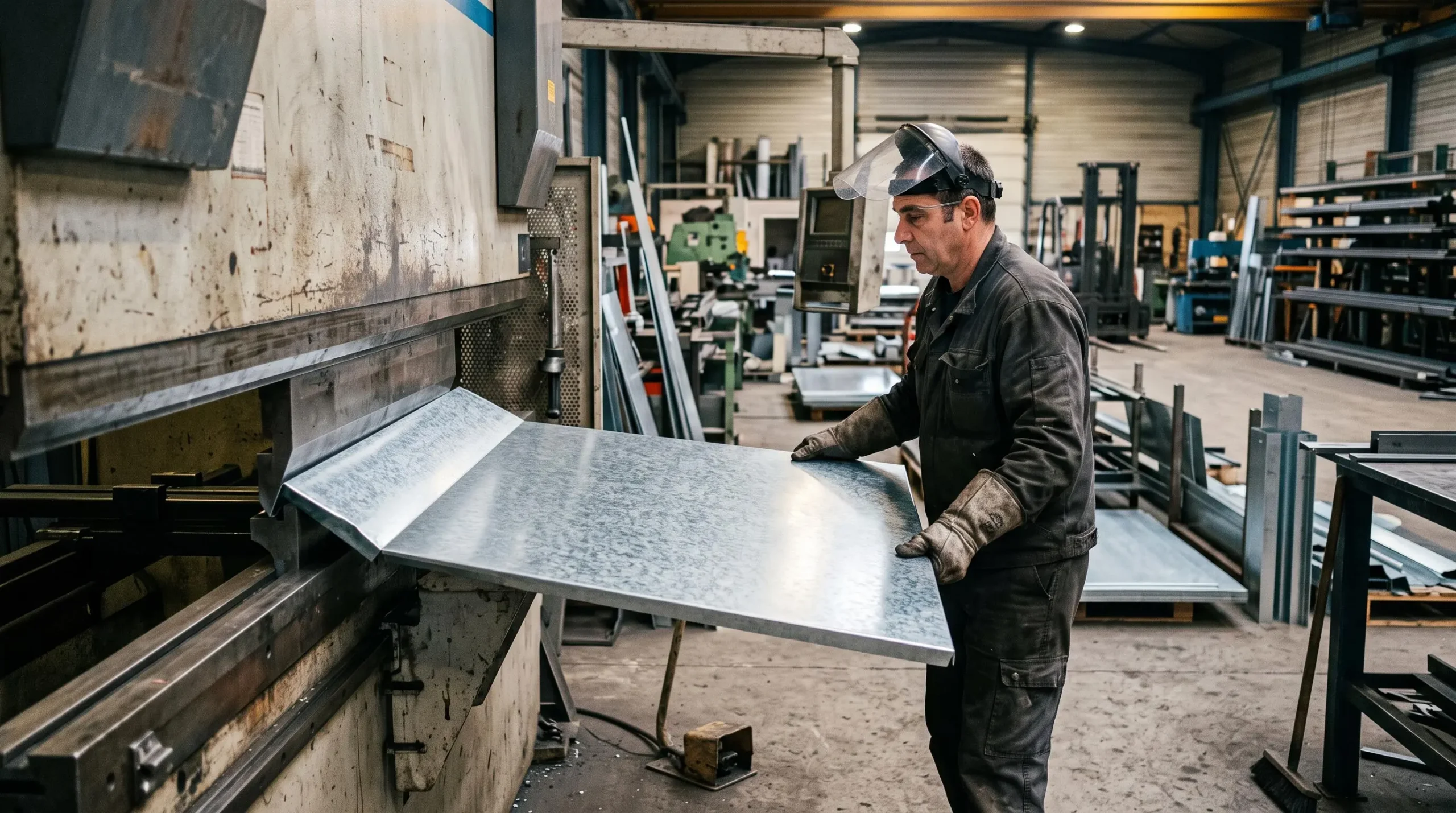 Un tôlier guide une tôle d'acier galvanisée pliée sortant d'une presse plieuse dans un atelier de métallerie.